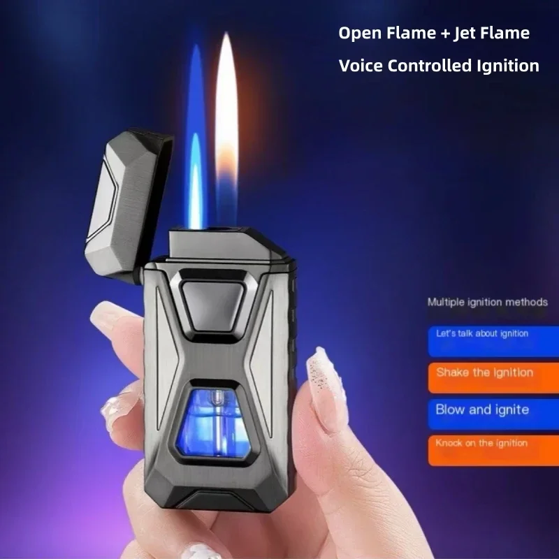 HOT Voice Controlled Ignition Dual Flame Butane Gas Lighter Open Fire Switching Jet Fire Visual Gas Window USB Electric Lighters