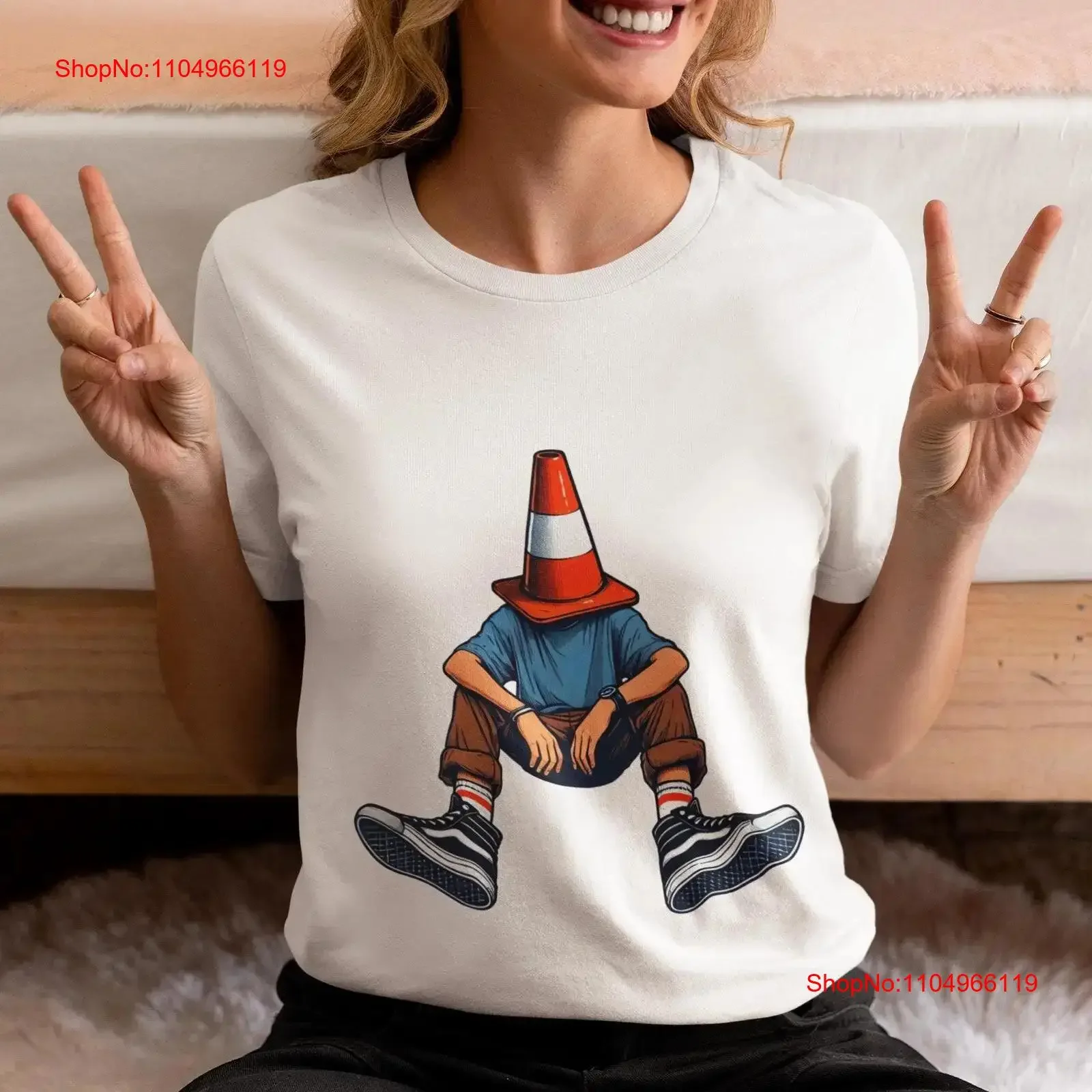 

Street Style Humor T Shirt Person with Traffic Cone Head Novelty Design Trendy Urban Fashion Statement Funny Quirky Top graphic