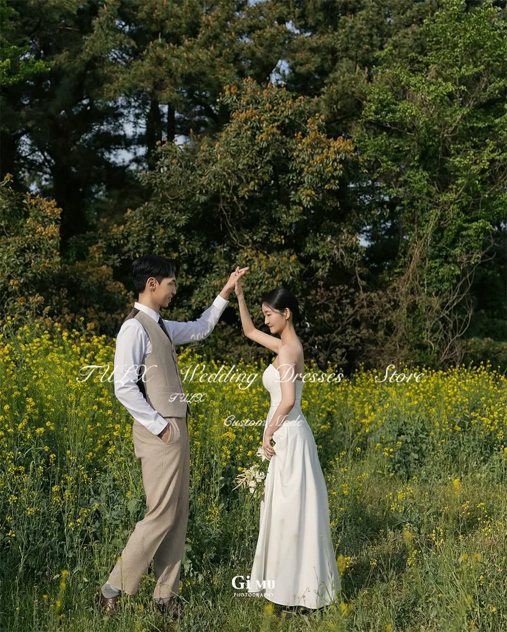 TULX Simple Ivory Korea Wedding Dress Photo Shoot Strapless Sleeveless Corset A line Long Bridal Gowns 웨딩드레스 Customized