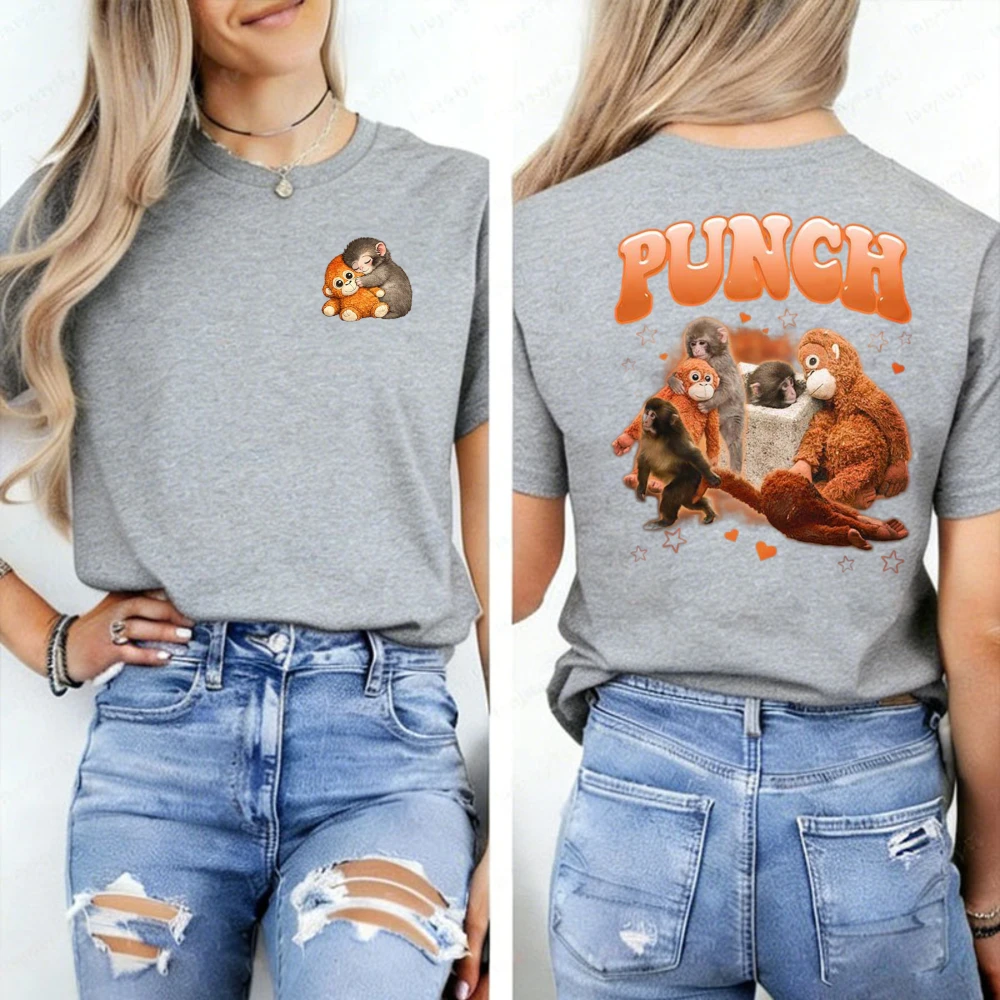Punch The Emotional Hugging Plush Toy Monkey Tee Lonely Front Collage Graphic T-Shirt Viral Sad Playful Retro Casual Shirt