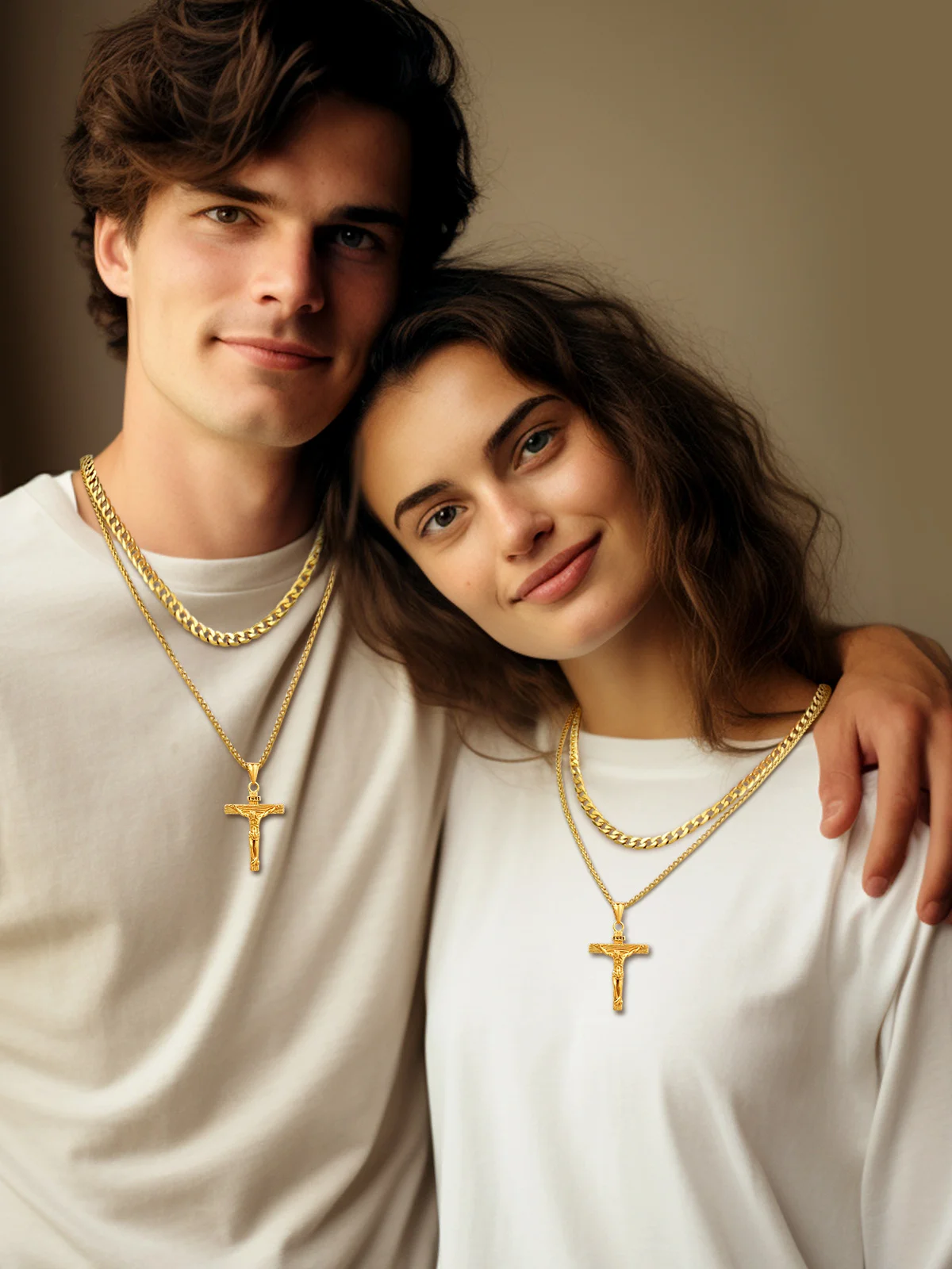 Stainless Steel 2pcs/set 6mm Cuban Chain with Cross Pendant Necklaces Set for Man Woman 18/20/22 Inches Chains Jewelry Gift Set