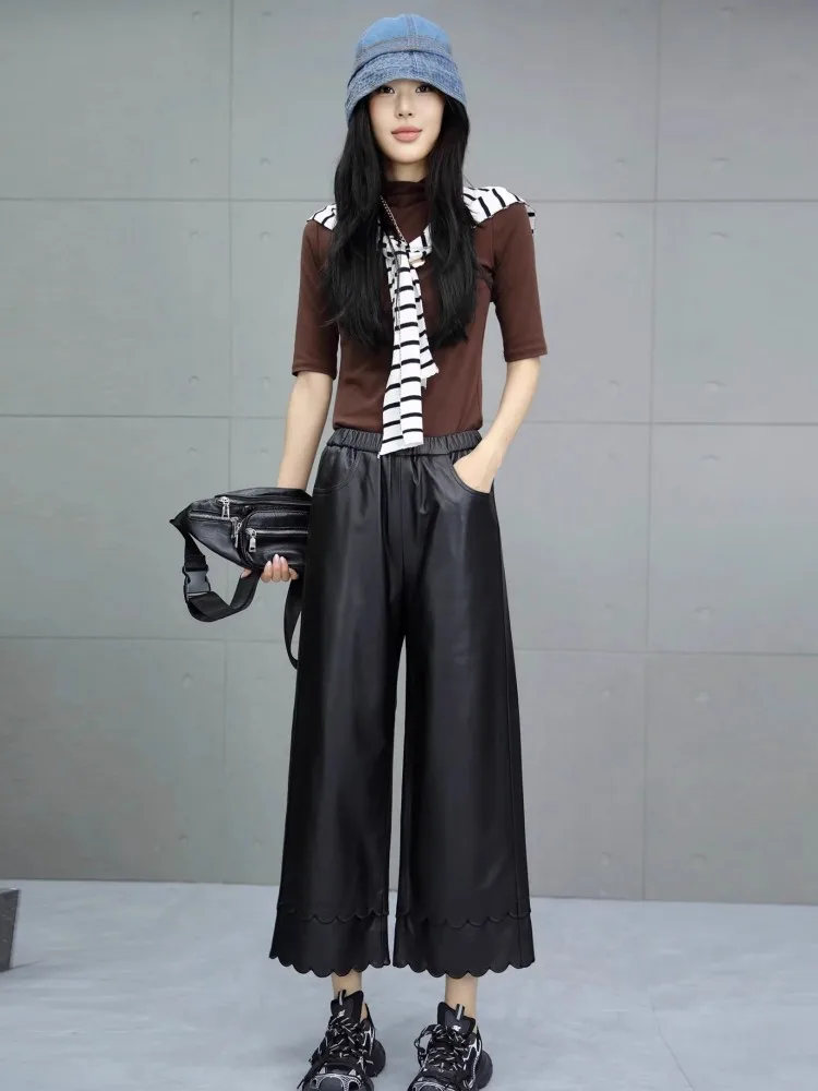 Spodnie damskie z prawdziwej skóry owczej, proste nogawki, elastyczna talia, szerokie nogawki, jesienne spodnie ze skóry naturalnej, długość do kostek, koronkowe spodnie, wyprzedaż.