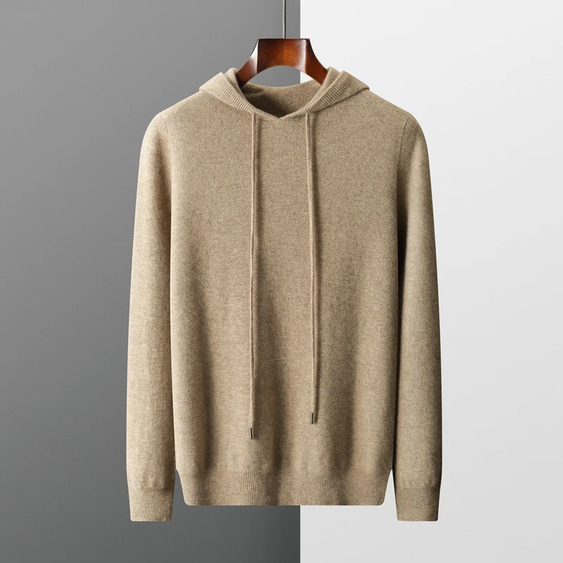 Autumn Winter New 100% Merino Wool Men\'s One-piece ready-to-wear Hoodie Knitted Sweatshirt Casual Large Long Sleeved Top