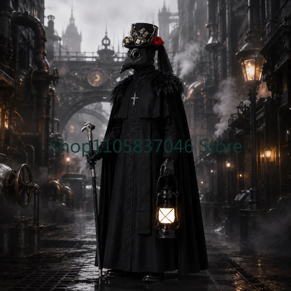 Halloween Plague Doctor Costume Adult Black Cult~Bird billed Mask Death Black Mass Costume Male