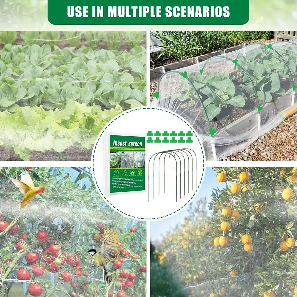 مجموعة شبكية للحديقة ذات السرير المرتفع: حاجز الآفات بطول 10 × 50 أقدام مع 10 حلقات و20 مشبكًا لحماية شجيرات الفاكهة والتوت