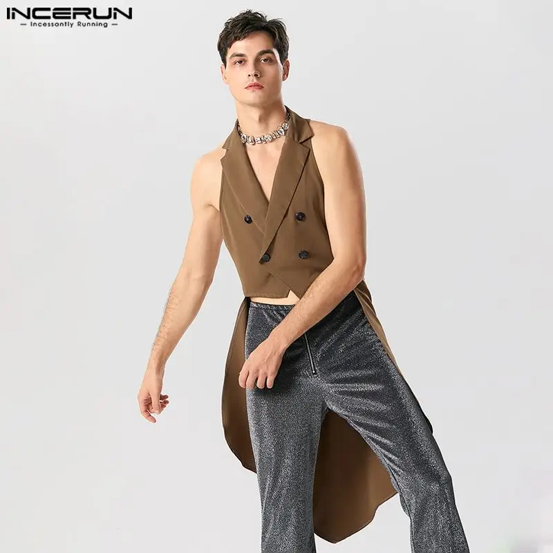 INCERUN-Blazer irregular monocromático masculino, manga lapela, coletes de peito duplo, coletes casuais, streetwear elegante, 2023