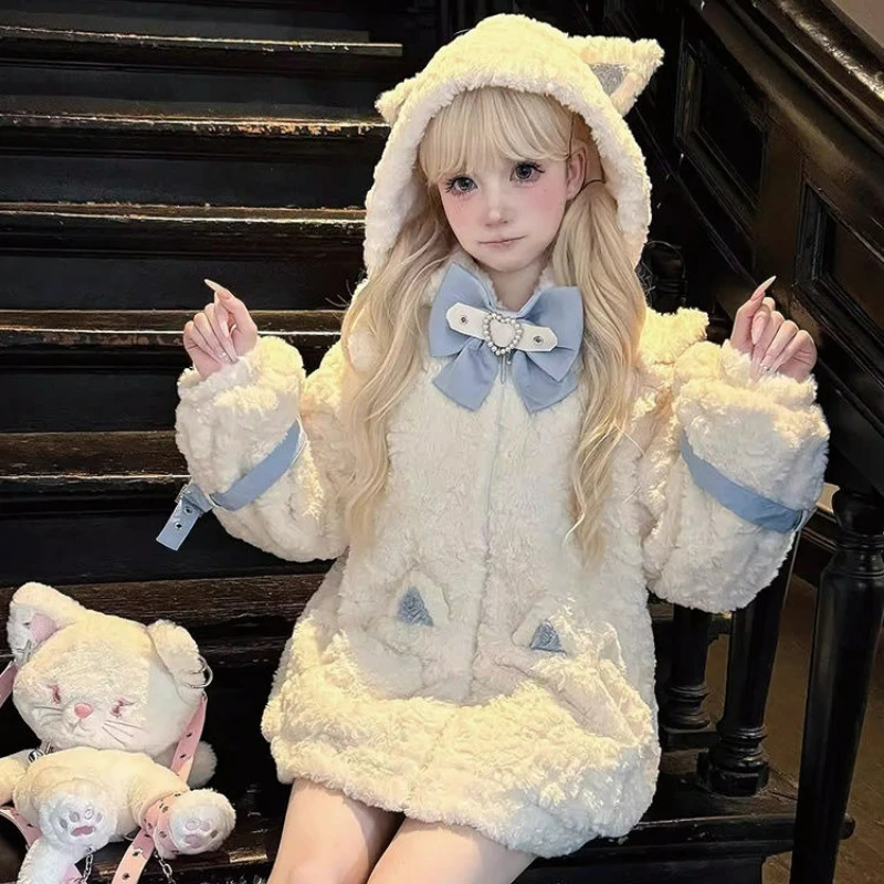 Japanese Kawaii Cute Thicked Woolen Coat Women 2025 Ropa Mujer Cat Ears Hooded Bow Plush Jackets Gothic Y2k Warm Loose Outwear