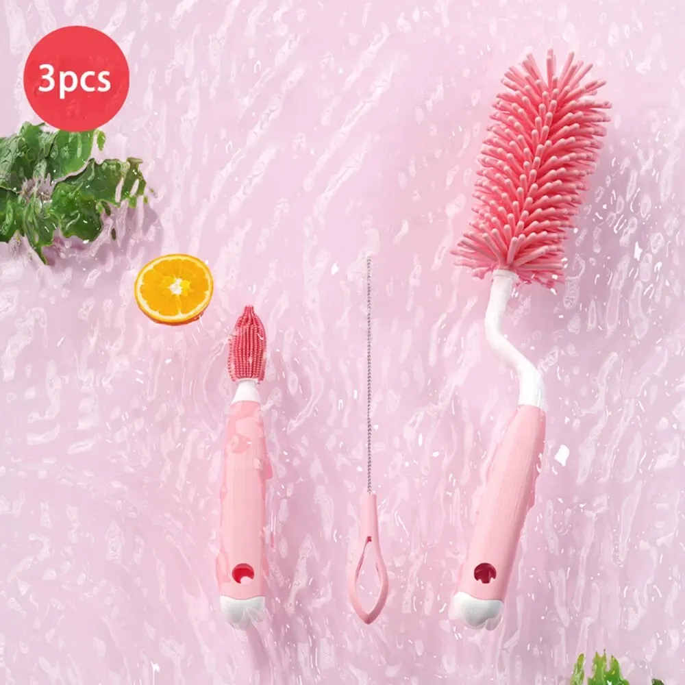 3-Piece Silicone Bottle Brush 360° Rotating Baby Nipple Brush Washing Cup Brush Bottle Cleaning Brush Set