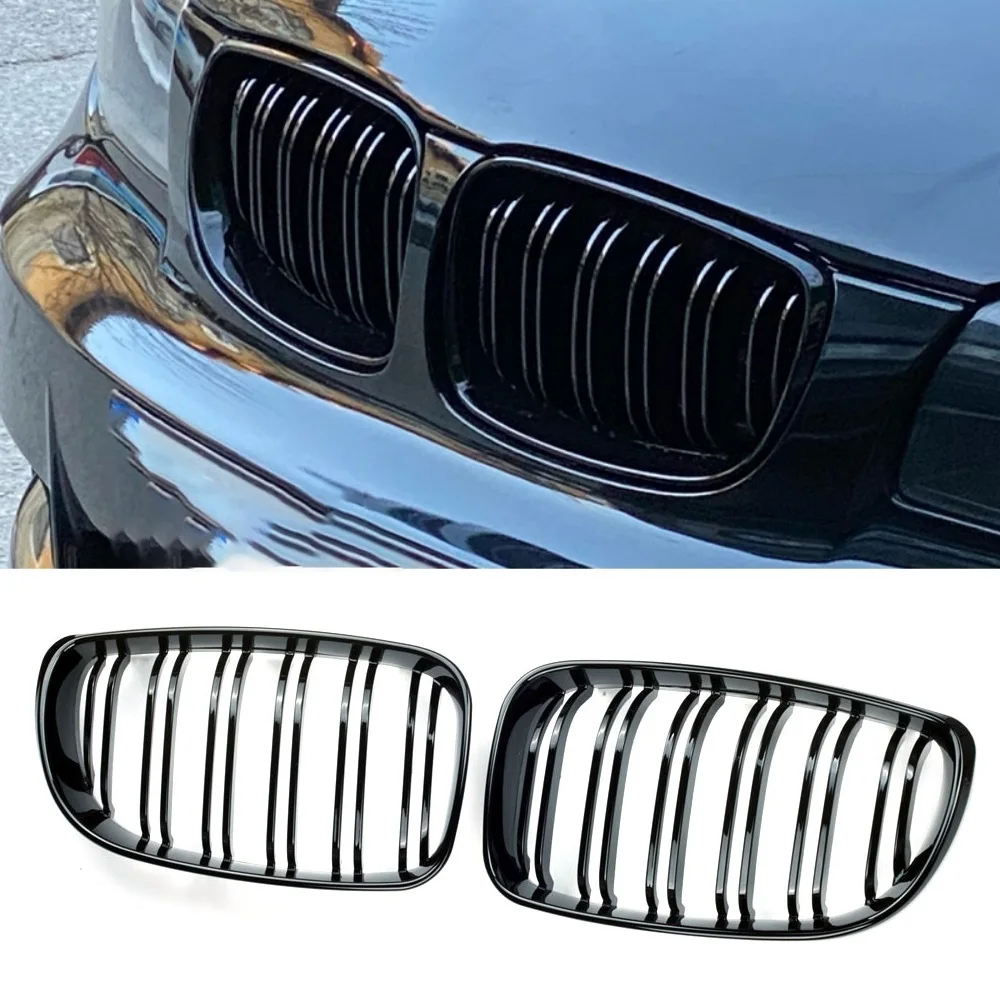 

1 пара автомобильных решеток переднего бампера для BMW E81 E87 E82 E88 128i 130i 135i 2008-2013, глянцевая черная гоночная решетка с двойной линией