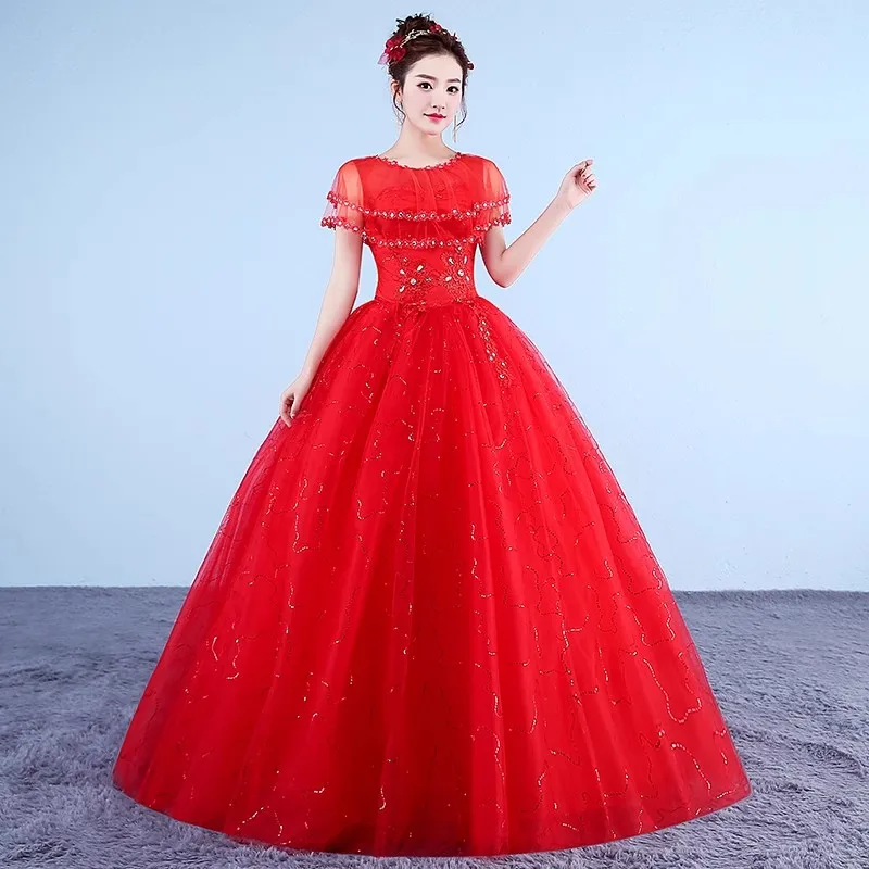 It's Yiiya Red Wedding Dresses Crystal Sequins Bling O-neck Shawl Lace up Princess Floor-length Plus size Bride Ball Gowns XN034