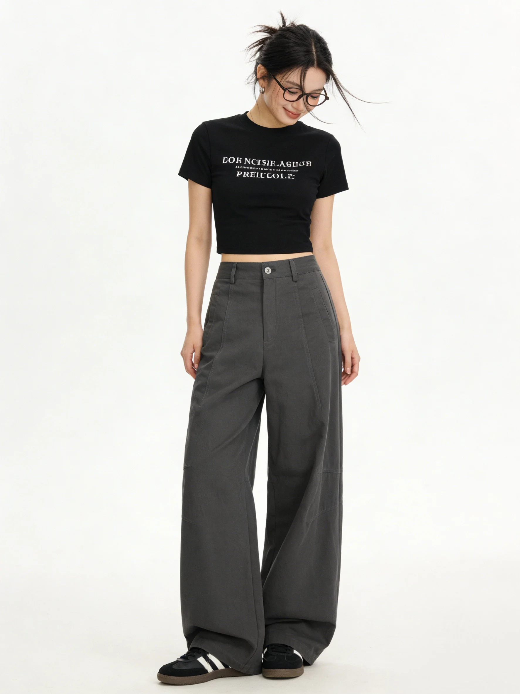 

Ретро джинсы глубокого серого цвета с высокой талией, широкими штанинами, свободного кроя, визуально стройнящие, универсальные, длинные брюки для женщин