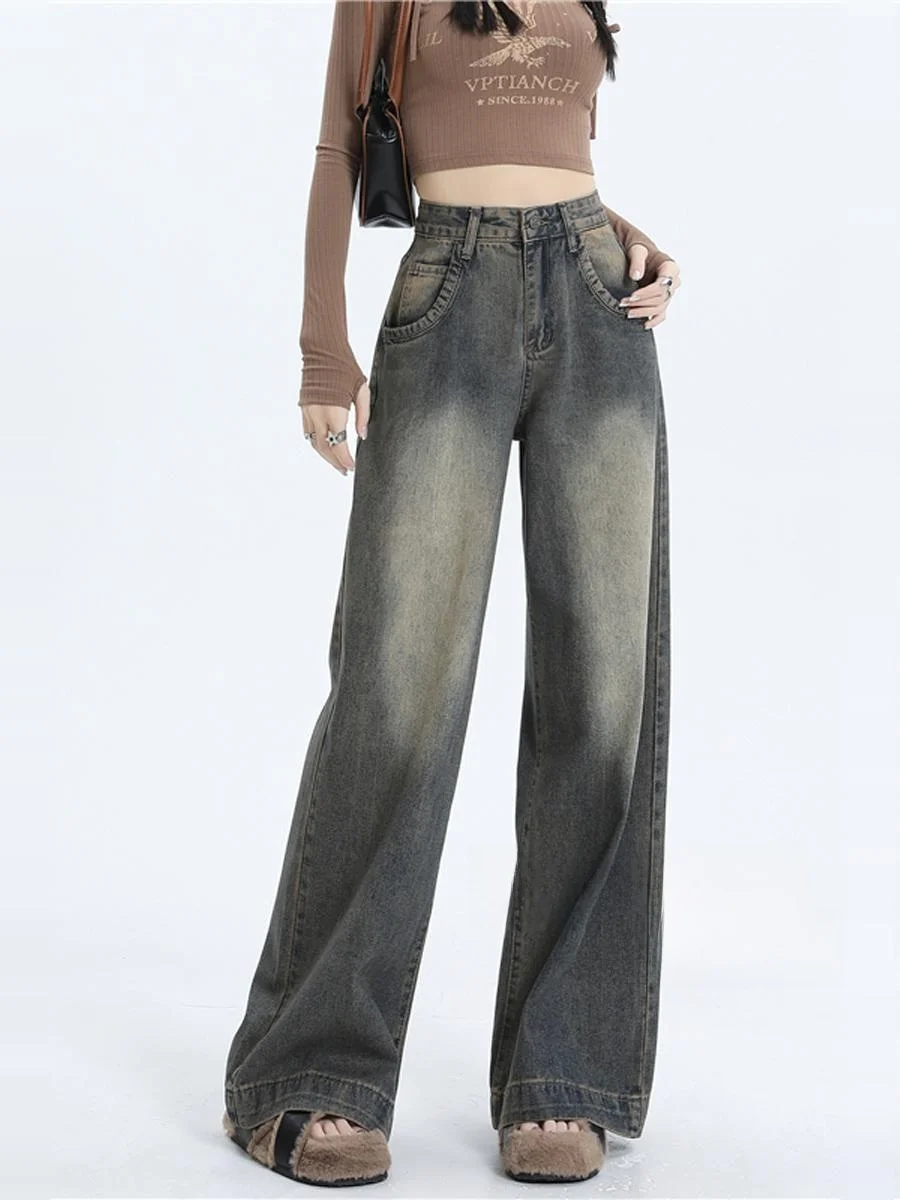 

High Waist Wide Leg Denim Jeans Women's Autumn Winter Long Pants Loose Fit Floor Length Taller Illusion Vintage Sle