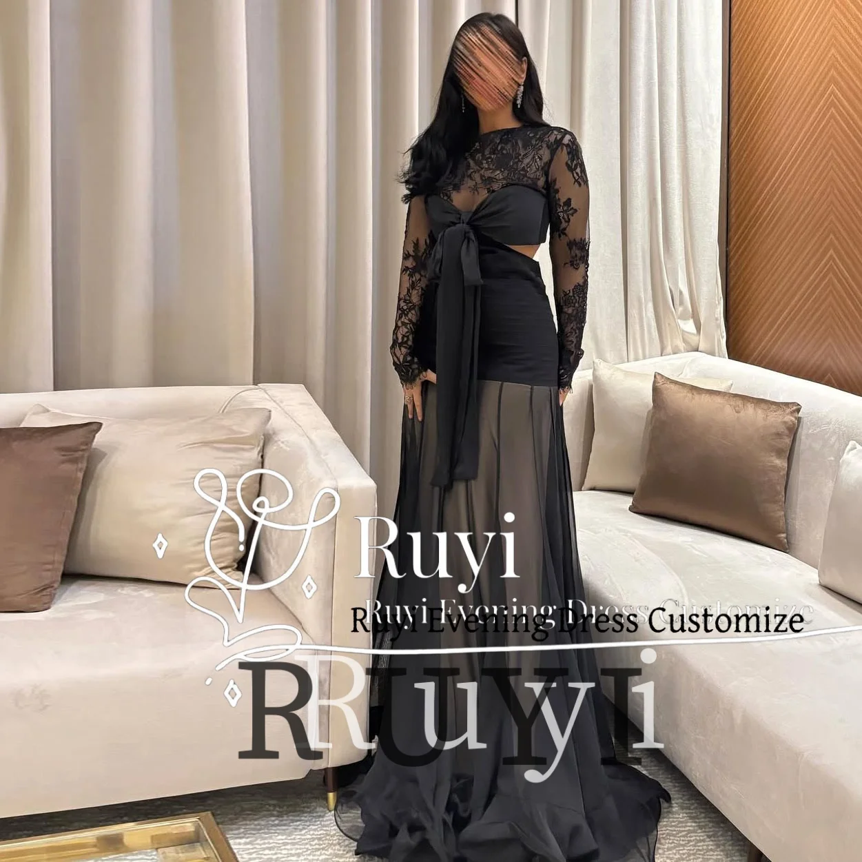 

Customized Black Charming Lace Formal Prom Dress Bow Cut-out Draped Formal Wedding Elegant Evening Dress