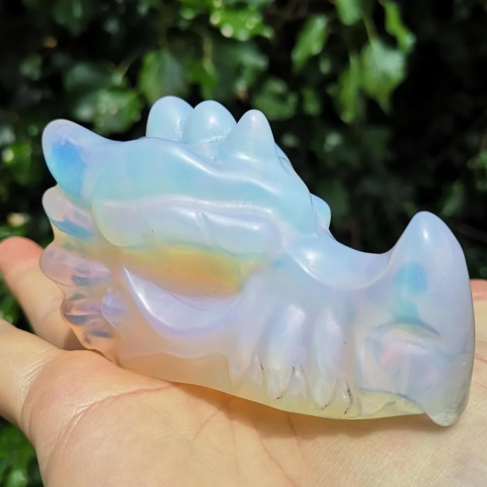 Natural Opalite Dragon Head Crystal Carved Dragon Head Healing Crafts Skull Statue for Halloween