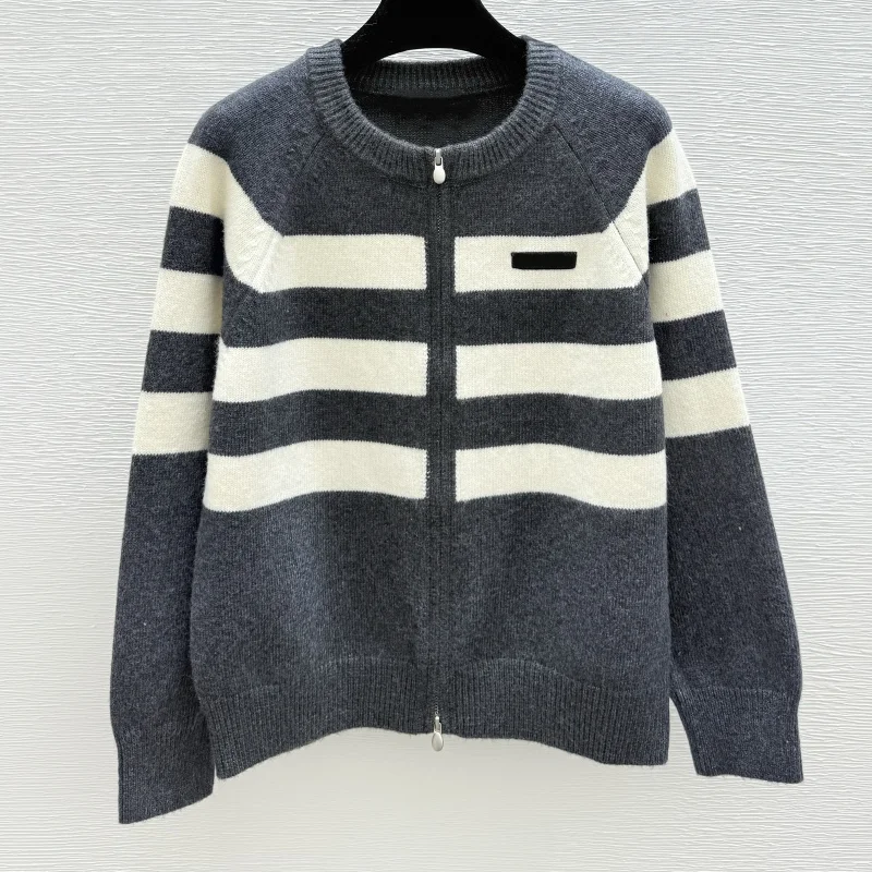 

Высококачественный разноцветный полосатый лоскутный женский кардиган с двойной молнией и круглым вырезом, повседневный свитер 251102152