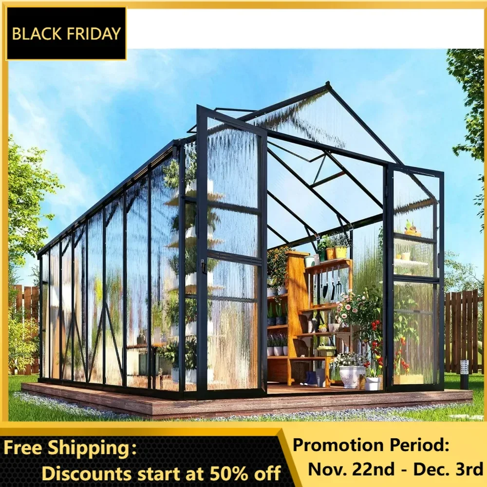 8x16x7.5 Greenhouse, Walk-in Aluminum Greenhouse with 2 Swing Doors, Greenhouses for Outdoors Garden with Quick-Connect Fittings