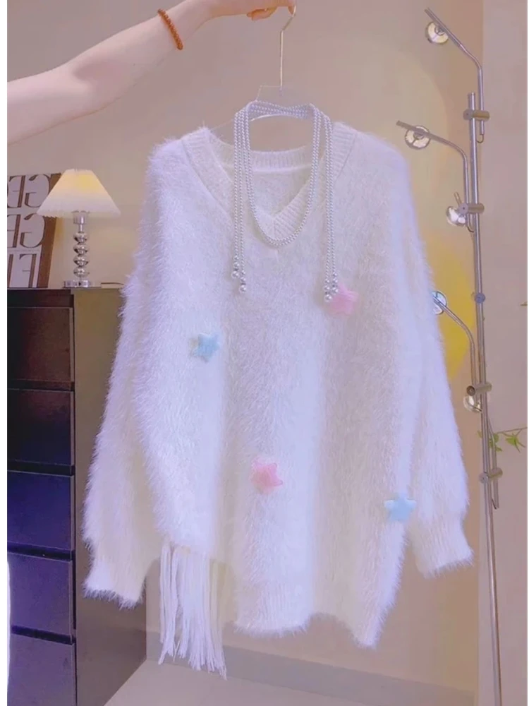 

Женский осенне-зимний новый свитер с кисточками из меха кролика, милая внутренняя одежда, 2024, корейский универсальный утягивающий пушистый базовый свитер...