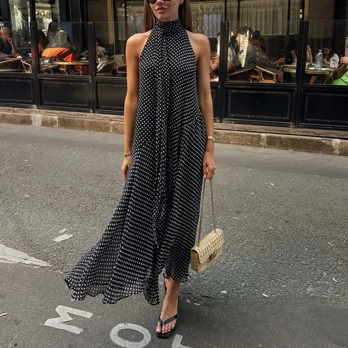TRAFZA-vestido Sexy con estampado de puntos y bufanda Halter para mujer, vestido de gasa sin mangas con espalda descubierta para vacaciones, vestido de playa holgado a la moda para verano 2025