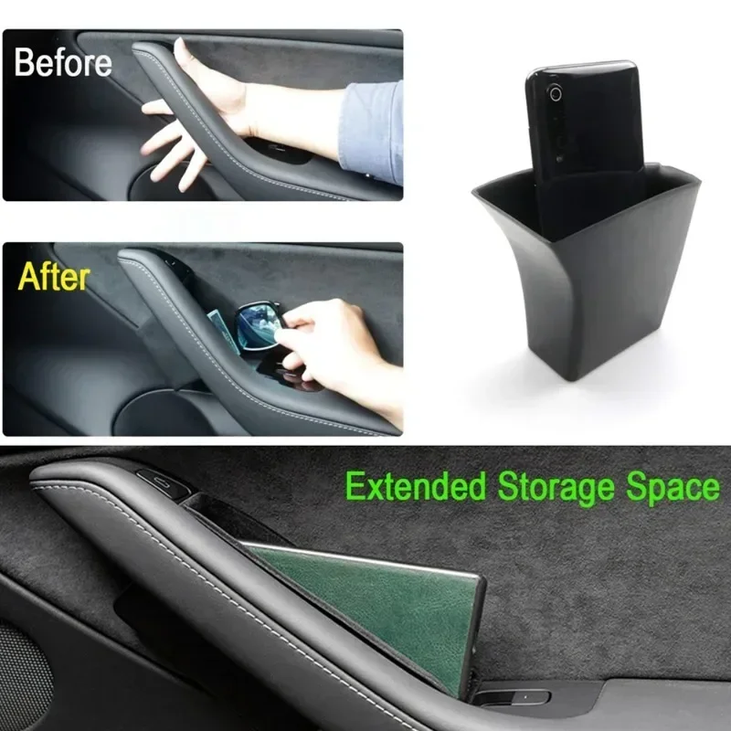 Door Handle Storage Box for Tesla Model 3 Y Front Rear Door Handle Armrest Organizer Box Flocked ABS Car Interior Accessories