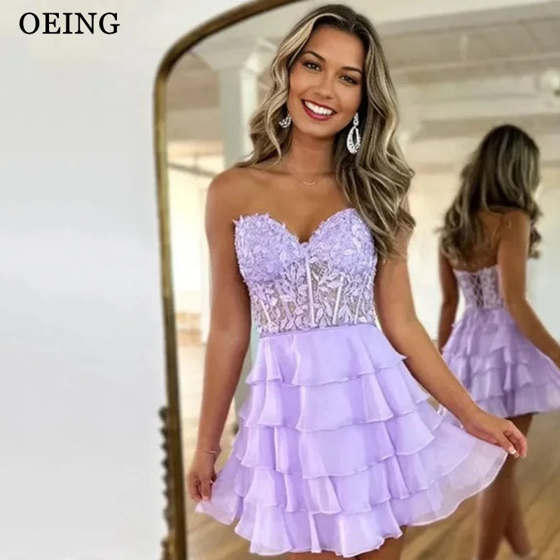 

OEING Appliques Lace Short Prom Dress Sweetheart Chiffon Ruffled Homecoming Dress Corset Back Mini Party Gown Vestidos De Gala