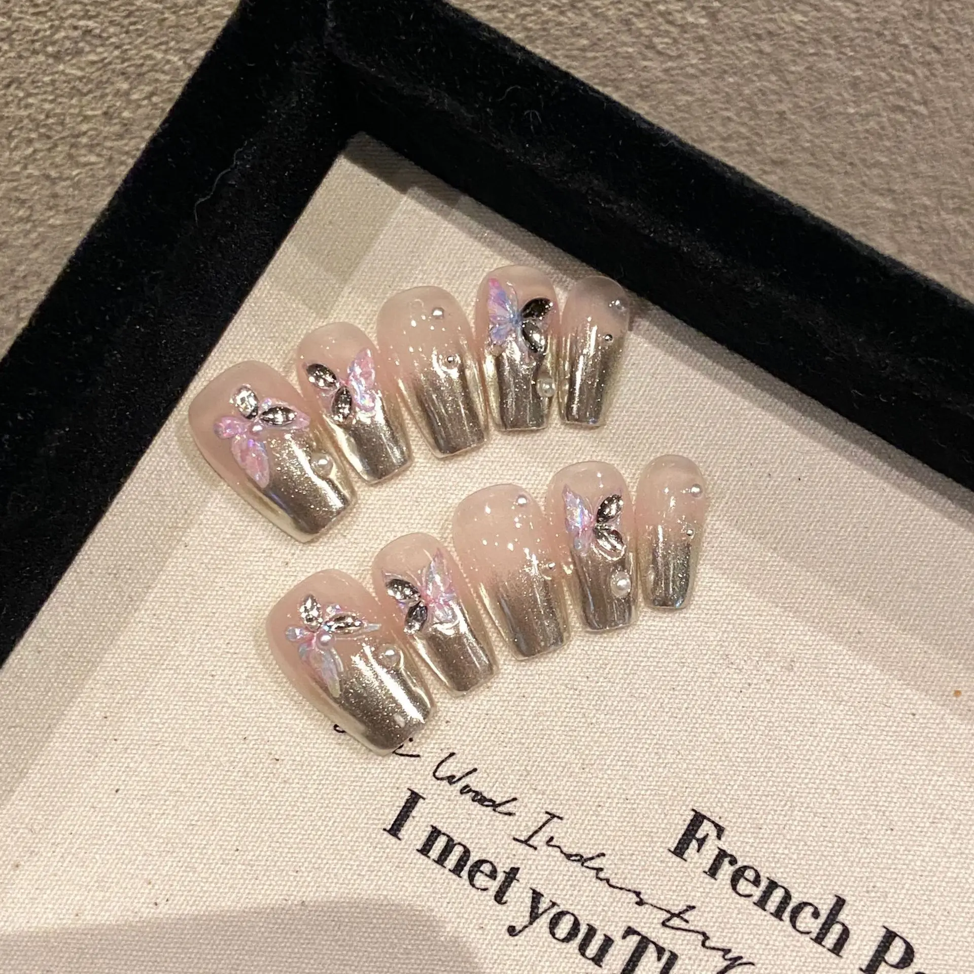 Handmade Press on Nails Silver Mirror Powder Wearing False Nails Clear Butterfly French Korean Sweet Fake Nail Patches