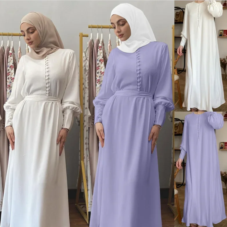 Gaun Muslim sifon elegan abaya untuk wanita Turki Dubai gaun lengan panjang warna Solid gaun Maxi longgar pakaian wanita