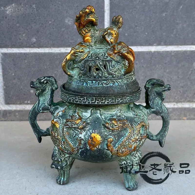 Bronze gilt double dragon ears three-legged retro incense burner old copper burner
