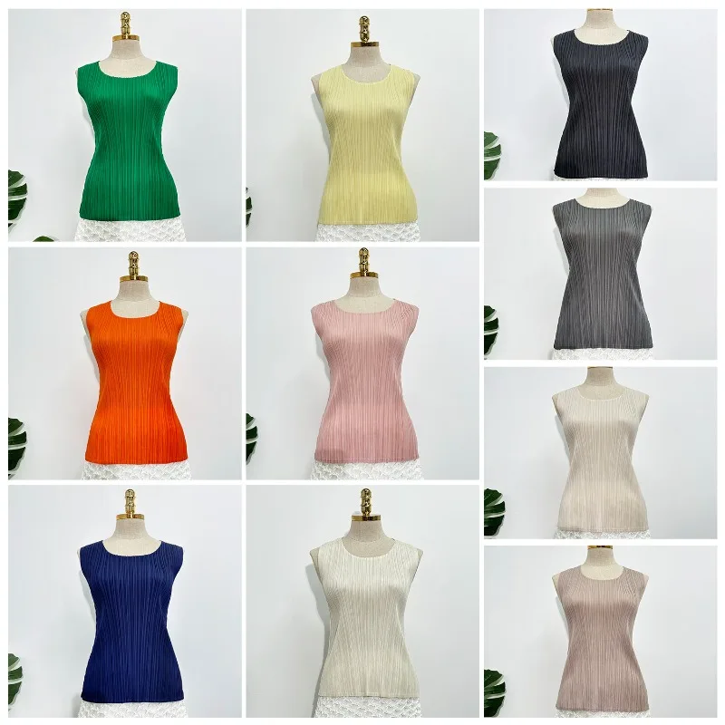 

Miyake Summer Women's T-shirt 2025 Temperament Casual Slim Thin Hundred Models Simple Pleated Round Neck Undershirt Tops
