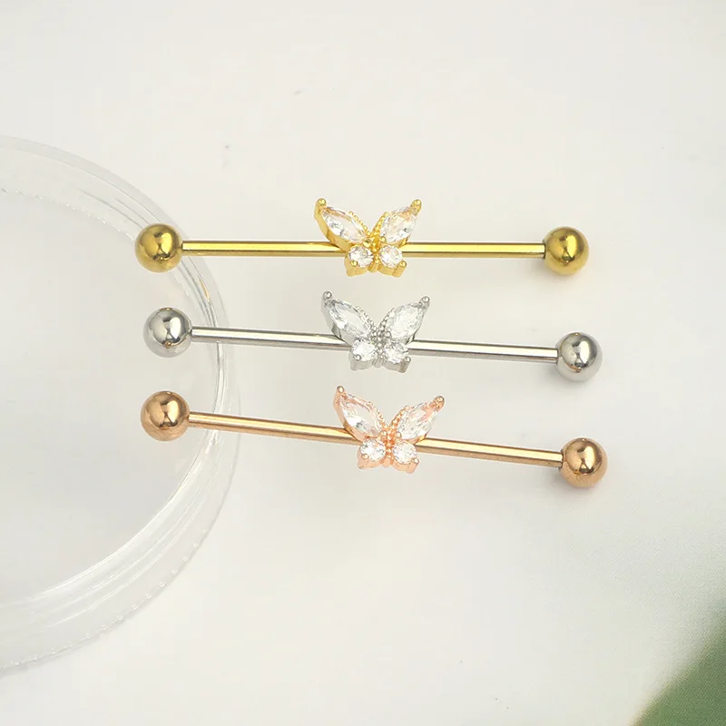 14G CZ Butterfly Industrial Barbell Earrings for Women Stainless Steel Cartilage Tragus Helix Industrial Piercing Earrings