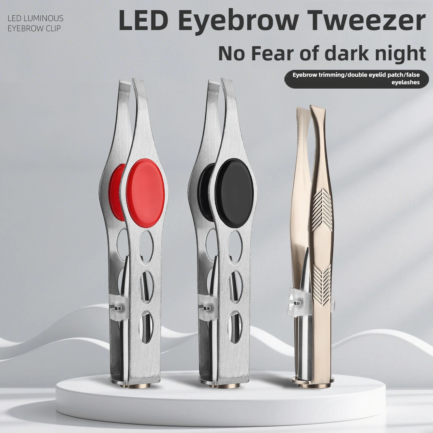 LED Light Precision Tweezers Stainless Steel Slanted Tip Eyebrow Tweezer for Ingrown Hair with Arrow Pattern Beauty Makeup Tool