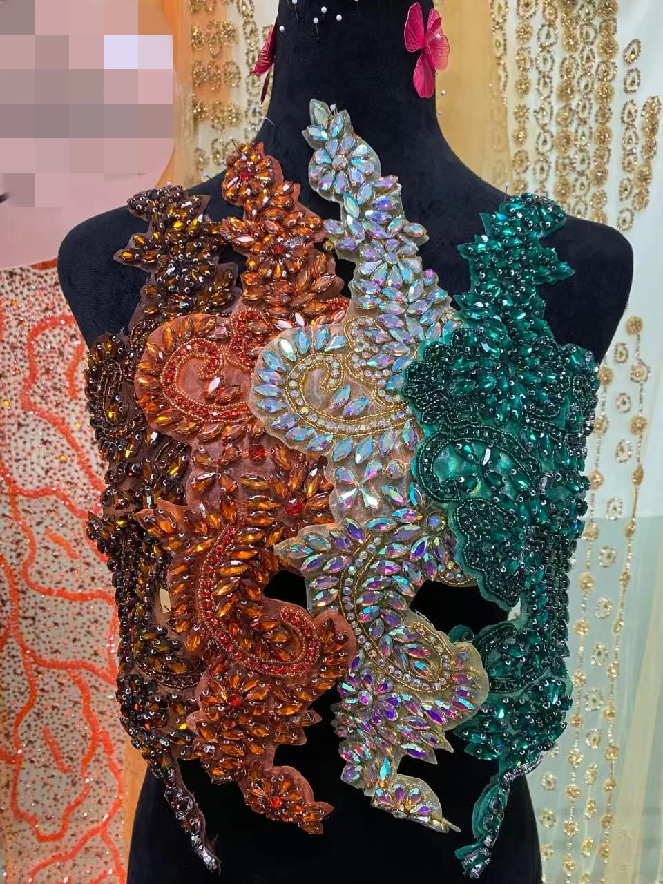 1Pair Diamond Rhinestone Applique Patches Iron-On for Wedding Gown Bridal Sash Evening Wear Decoration Sparkling Shiny Patches