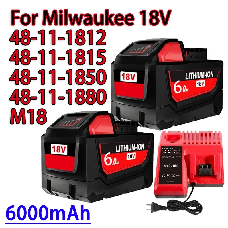 

18 в для аккумулятора Milwaukee M18 M18B6 XC 6.0Ah Li-Ion 48-11-1860 48-11-1852 48-11-1850 48-11-1840 48-11-, беспроводное зарядное устройство 18 в