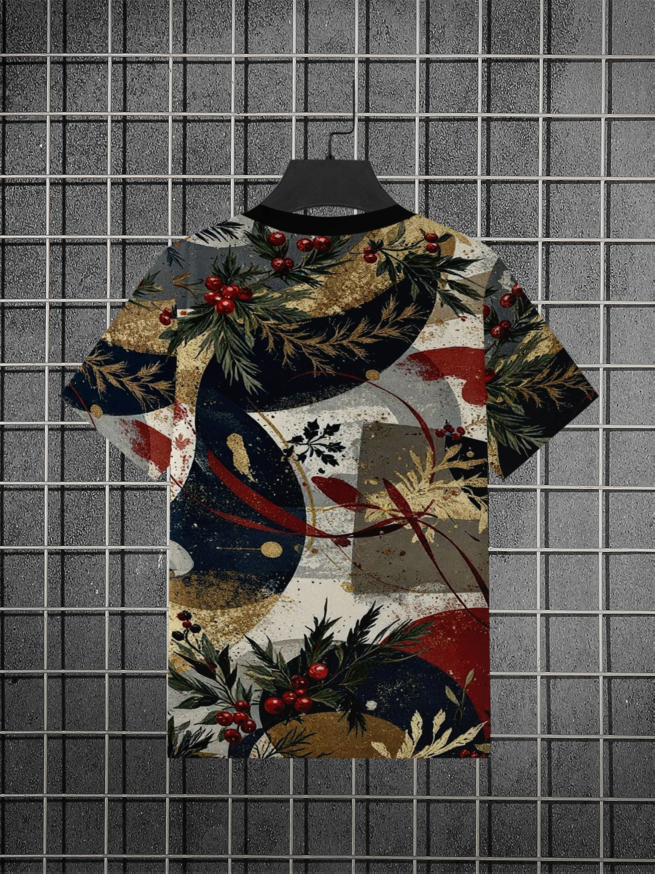 Men Retro Color Block Golden Splash Pine Branches Red Berry Floral Abstract Print Crew Neck Short Sleeve T-shirt