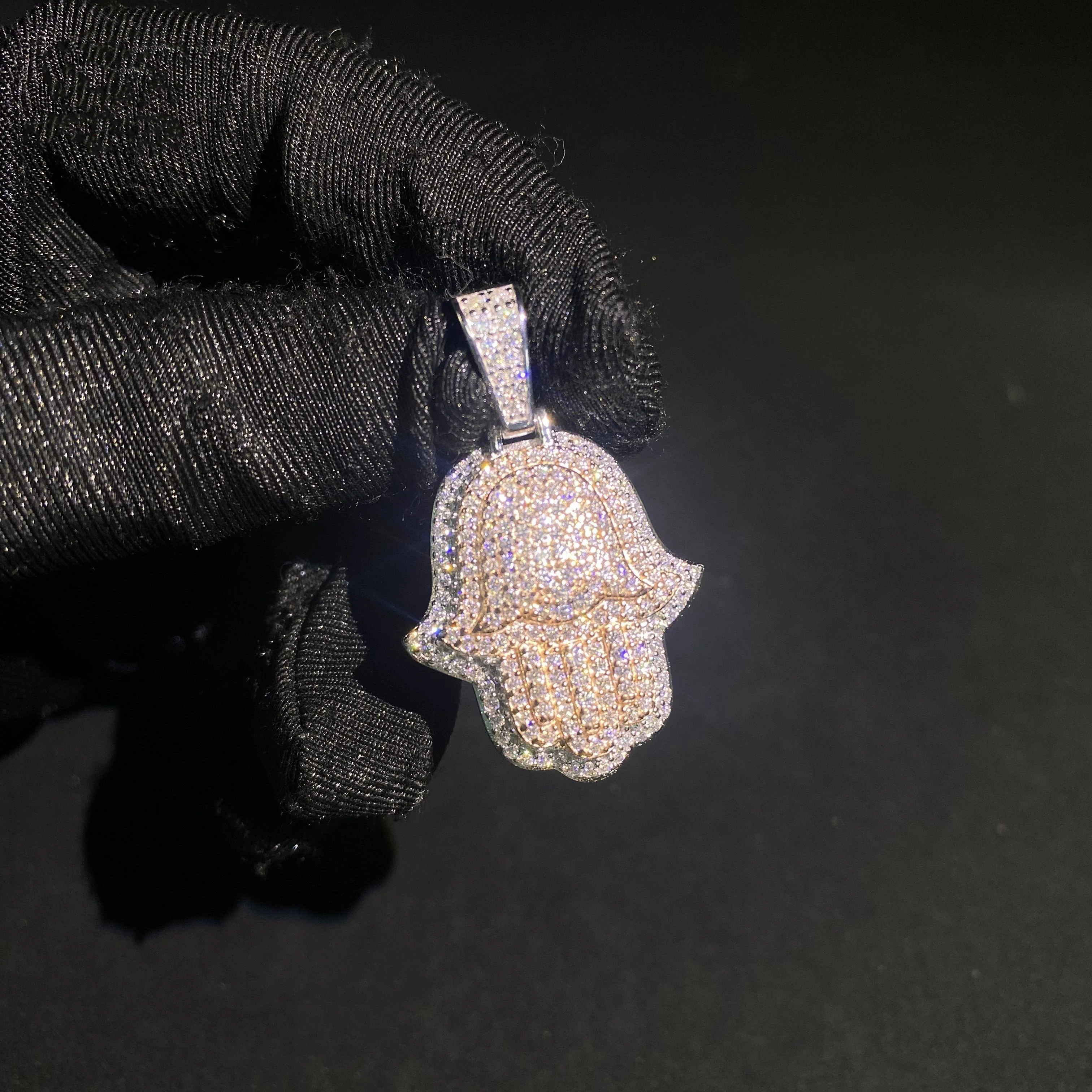 

High Quality Ready to Ship Two Tone Hamsa Charm Fine Hip Hop Jewelry 925 Silver VVS Moissanite Custom Iced Out Diamond Pendant