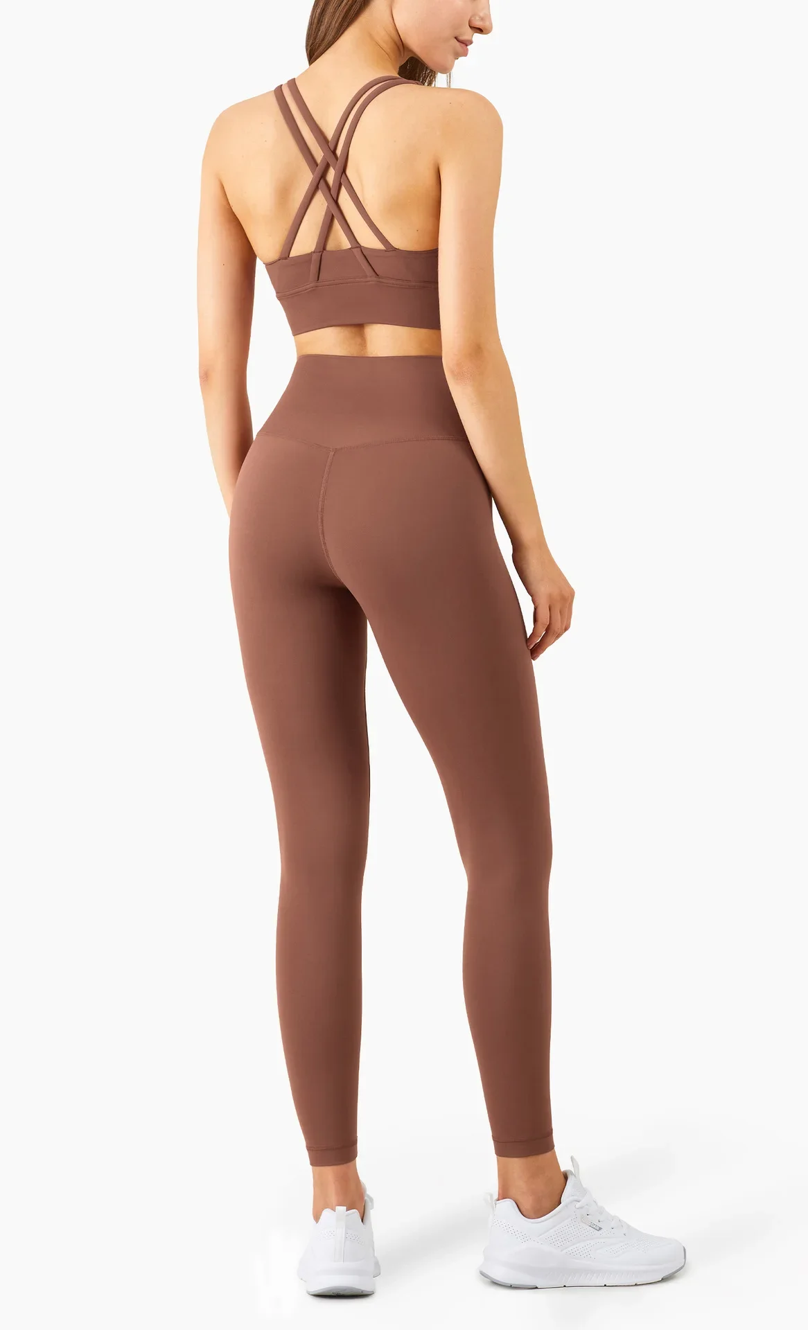 Damen Zweiteiliger Yoga-Anzug in Unifarbe, Hochintensiver Rückenfreier Yoga-BH, Hochgeschnittene Hüftlift-Leggings, Lauf- und Trainingsset – Detail 5