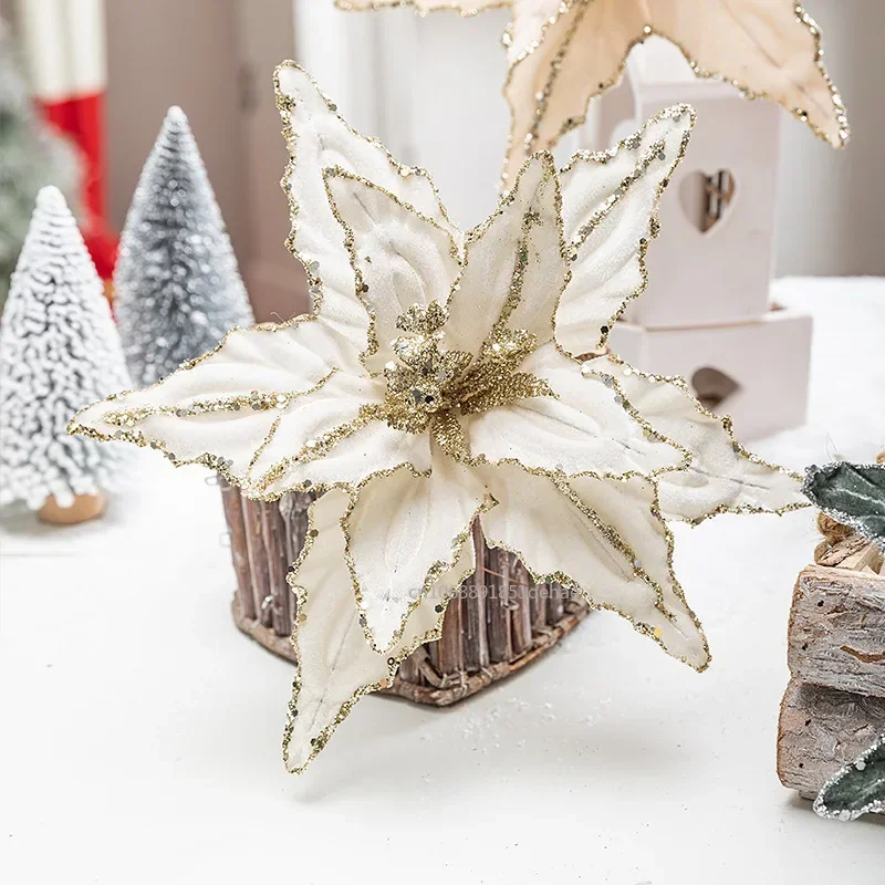 

26CM Christmas Flower Red Gold Glitter Fleece Simulation Fake Flower Xmas Tree Pendants Merry Christmas Flower Hanging 장식