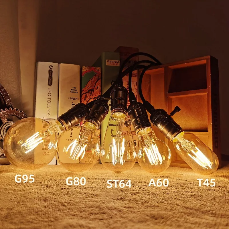 レトロなスタイルのLEDフィラメント電球,調整可能な照明強度のある金色のLEDランプ,4W,220V DC,1個