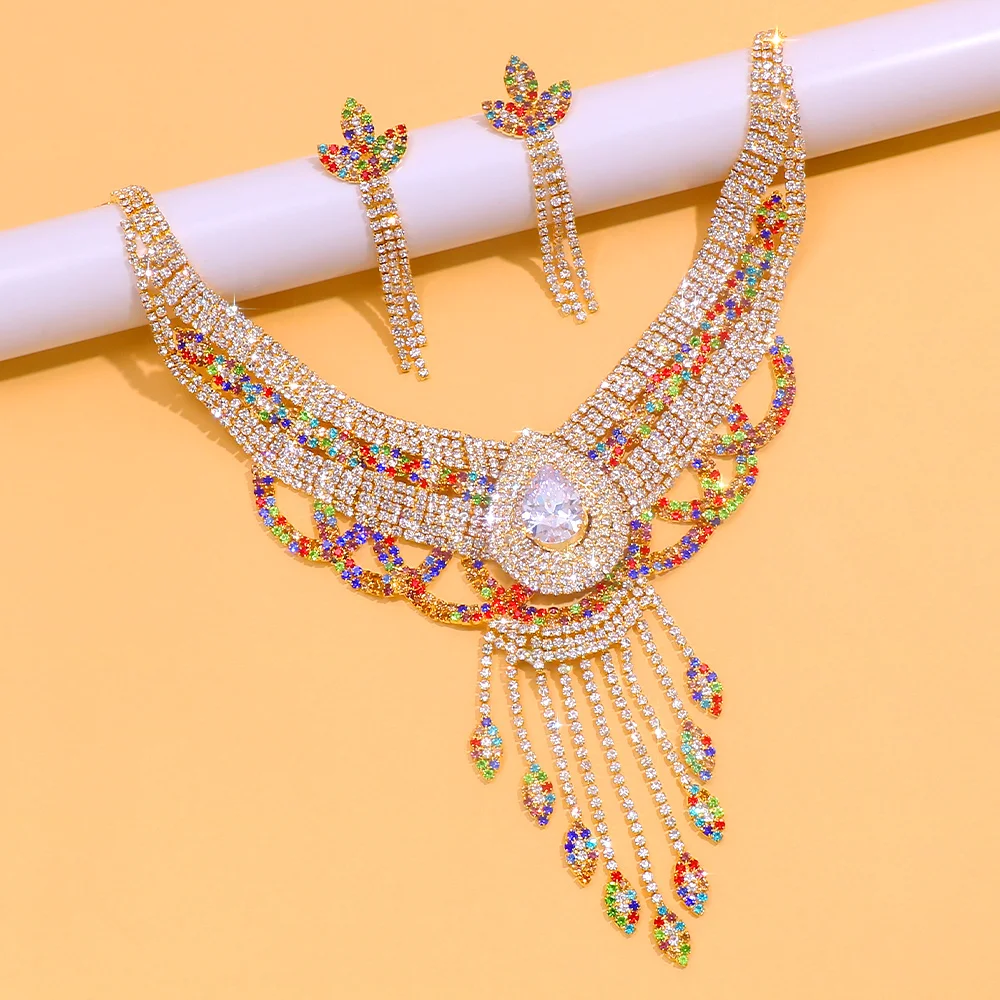 Stonefans Colorful Crystal Necklace Earrings Set Water Drop Accessories High Quality Dubai Bridal Tassel Jewelry Set Women Dress