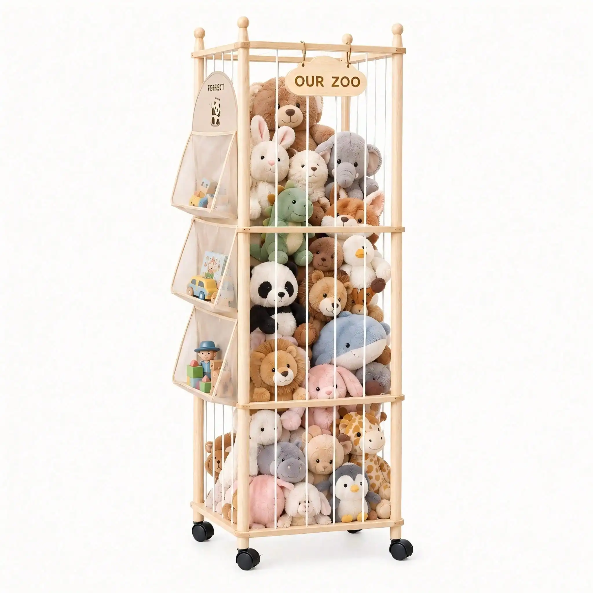 Organisateur de rangement pour jouets mobile, grande cage en peluche pour animaux avec roulettes pour faciliter le déplacement, poche latérale en maille à 3 niveaux en cadeau, support vertical peu encombrant pour la chambre d'enfant.