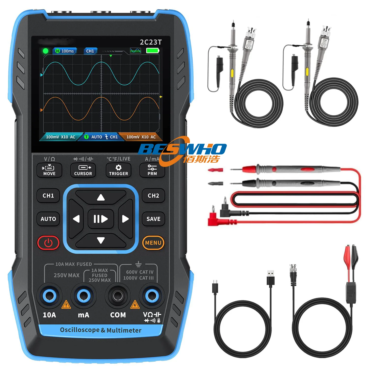 

Portable 3-in-1 Handheld Digital Oscilloscope Signal Generator Multimeter with Dual Channel 10MHz*2 50MS/s Professional Features