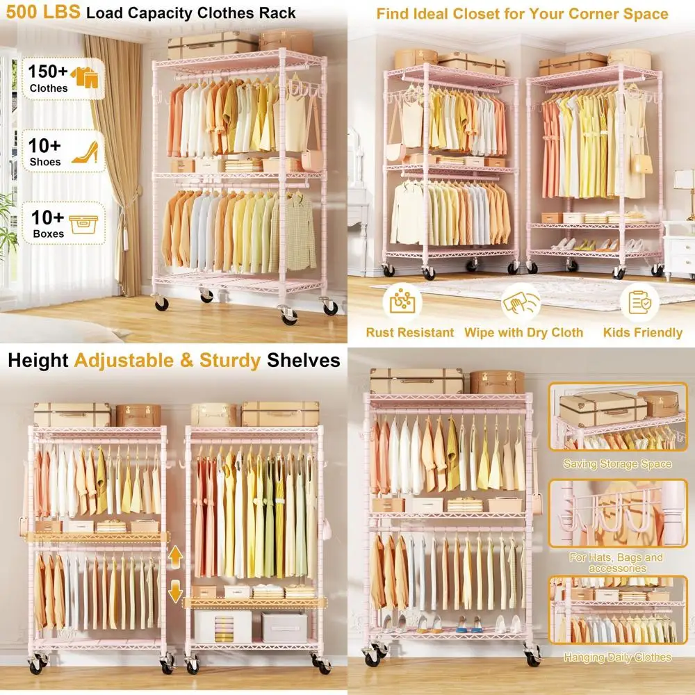 

Портативный шкаф на колесиках и полках, розовый органайзер для одежды, 35,5x15,7x80,5, вмещает 500 фунтов