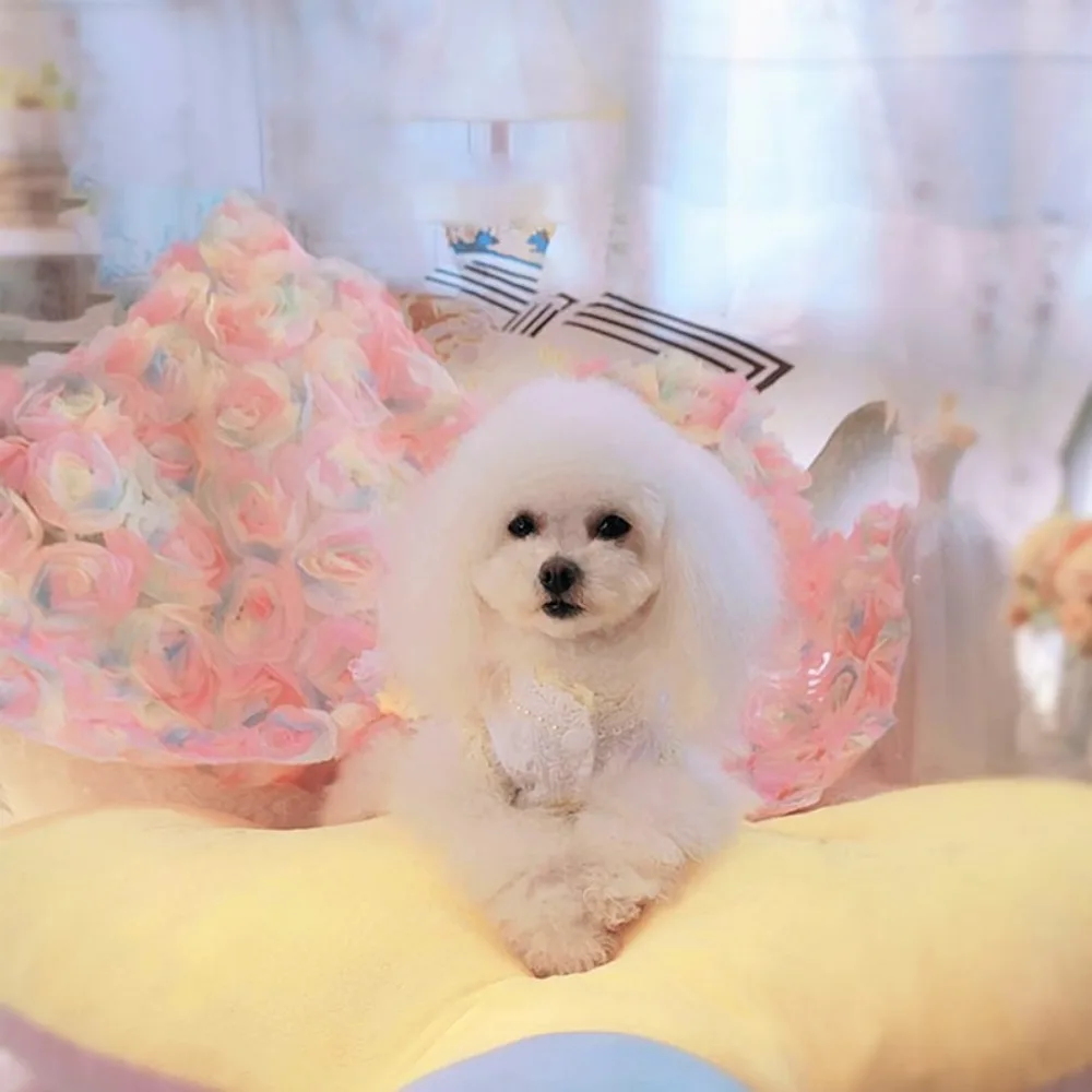 Handmade Cat Dog Wedding Dress,Pet Long Trailing Gown Luxury,Dog Princess Costume, Puppy Birthday Outfit,3D flowers Custom ETSY