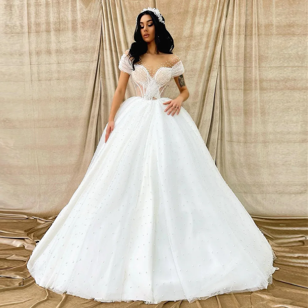 

Romantic V Neck A Line Wedding Dress 2023 Luxury Full Beading Pearls Corset Backless Long Bridal Gown Formal Bride Woman Wear