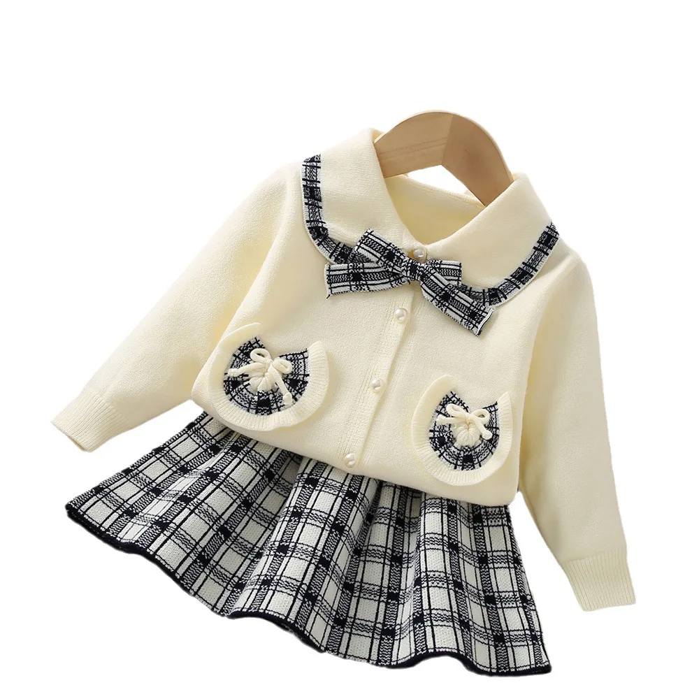 Girls Knitted Dress Clothes Sets Autumn Winter Children Woolen Sweaters Coats Skirts 2pcs Party Suit For Baby Christmas Costume