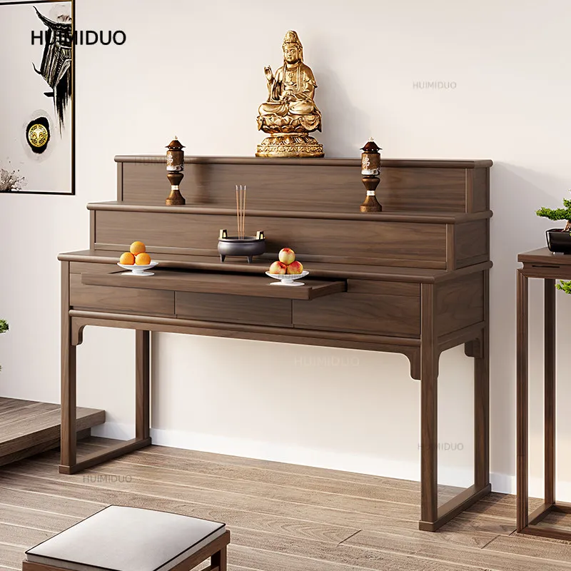 New Chinese Style Black Walnut Solid Wood Three-Layer Altar Table, Household Buddha Incense Offering Table for Home Worship
