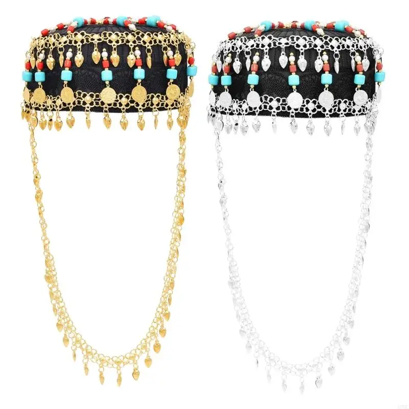 49MC Stylish Jeweled Hat Turquoise With Rhinestones Detailing and Gold Tassels Hat Long Decorative Tassels