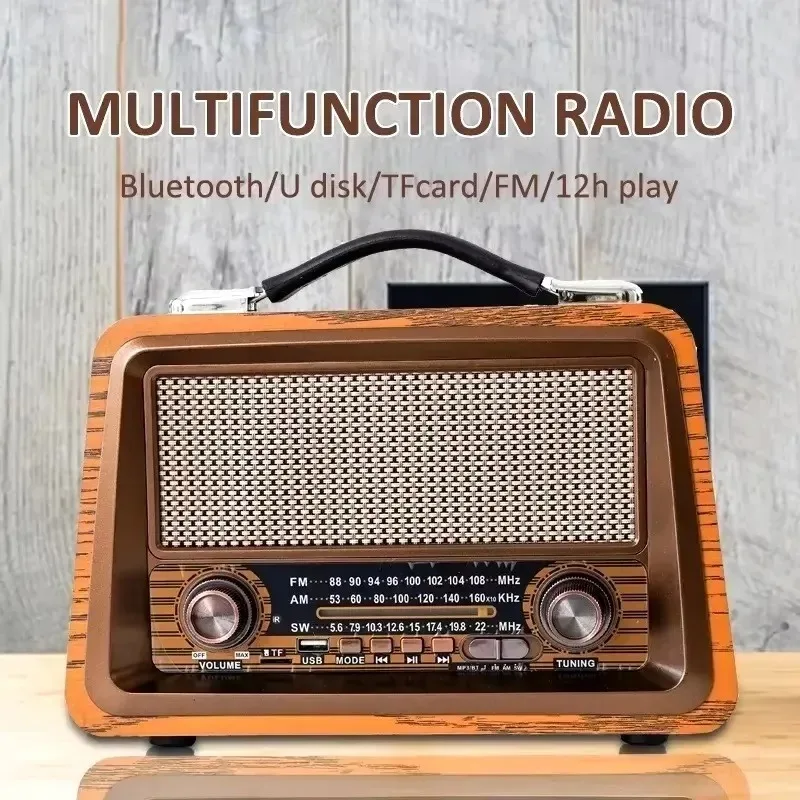 R-2066BT Retro FM AM SW Band Radio Wooden Rechargeable with Wireless Bluetooth Speaker Function Desktop HIFI MP3 Music Player