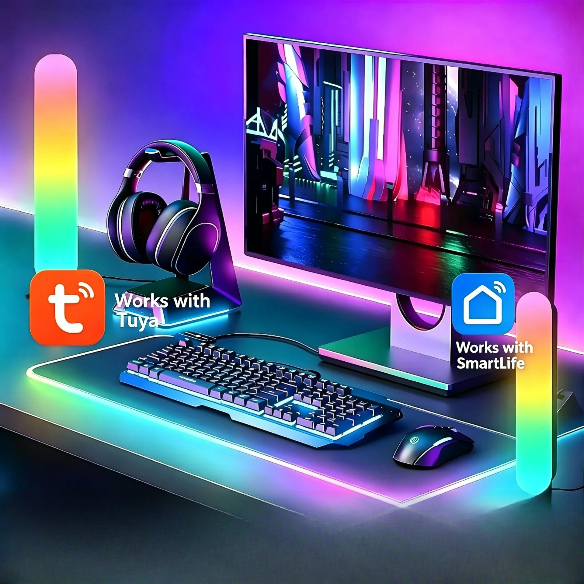 2 Pack Tuya Bluetooth RGBIC Ambient Light, Music Sync Pickup LED Desk Lamp, Gaming Room Desktop Night Light with Remote Control