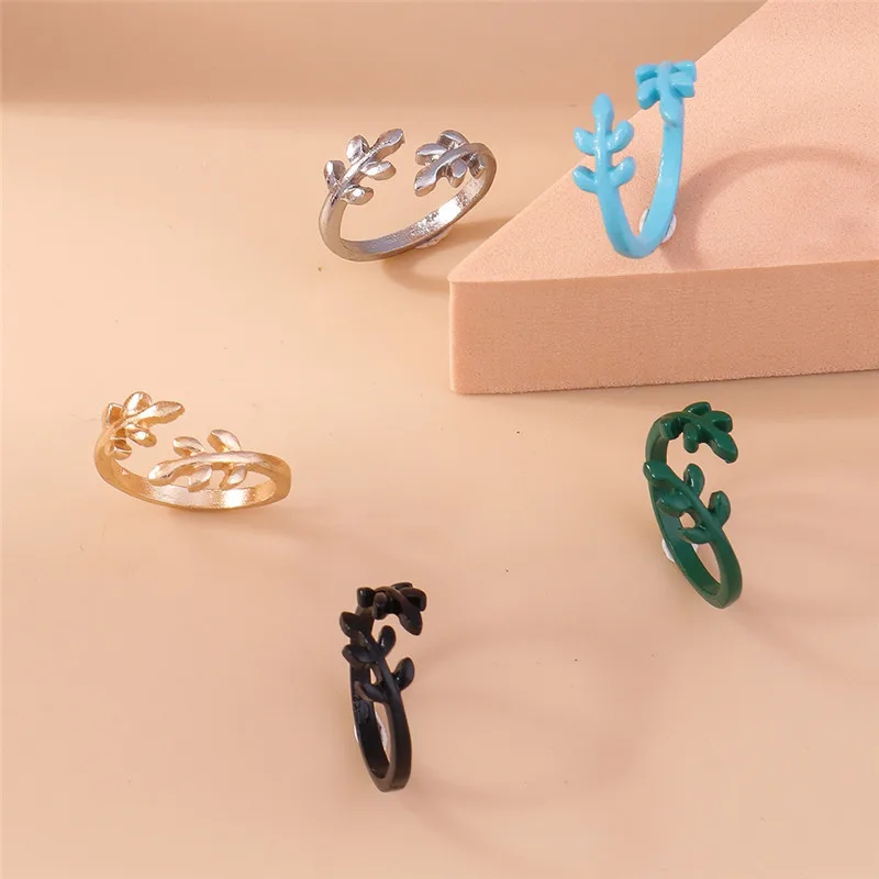 Aihua Olive Tree Branch Leaves Rings Set For Women Open Adjustable Finger Ring Female Bohemian Jewelry Gifts