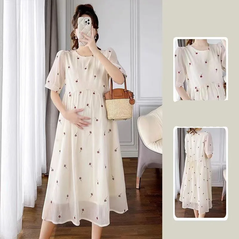 Pregnant Women's Dress Korean Style Summer Round Neck Embroidered Flower Pattern Summer Short Sleeved Maternity Dress LE937